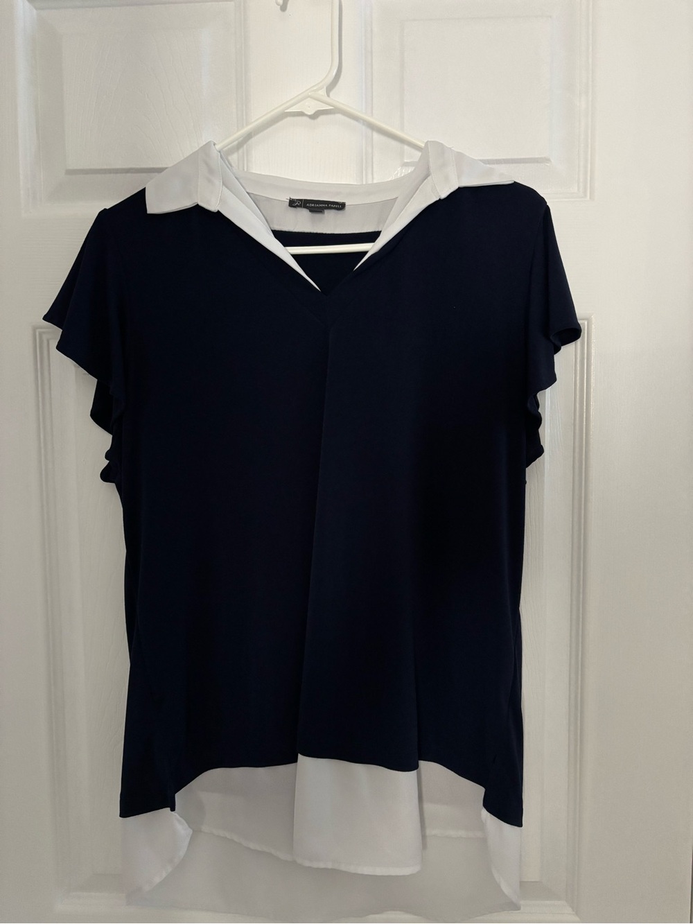 T.J.Maxx Navy and White Flutter Sleeve Collared Blouse